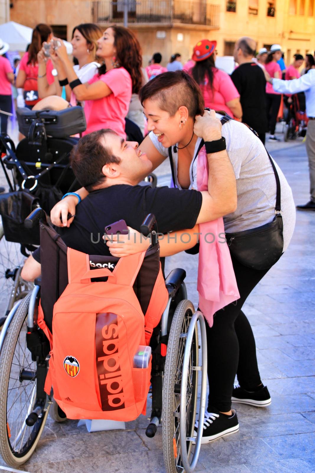 Elche, Alicante, Spain- October 3, 2018: People participating and having fun with activities in Elche city celebrating the world day of cerebral palsy