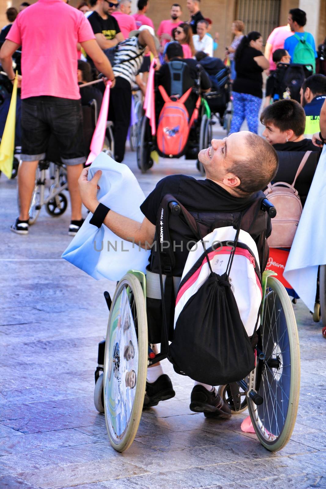 Elche, Alicante, Spain- October 3, 2018: People participating and having fun with activities in Elche city celebrating the world day of cerebral palsy
