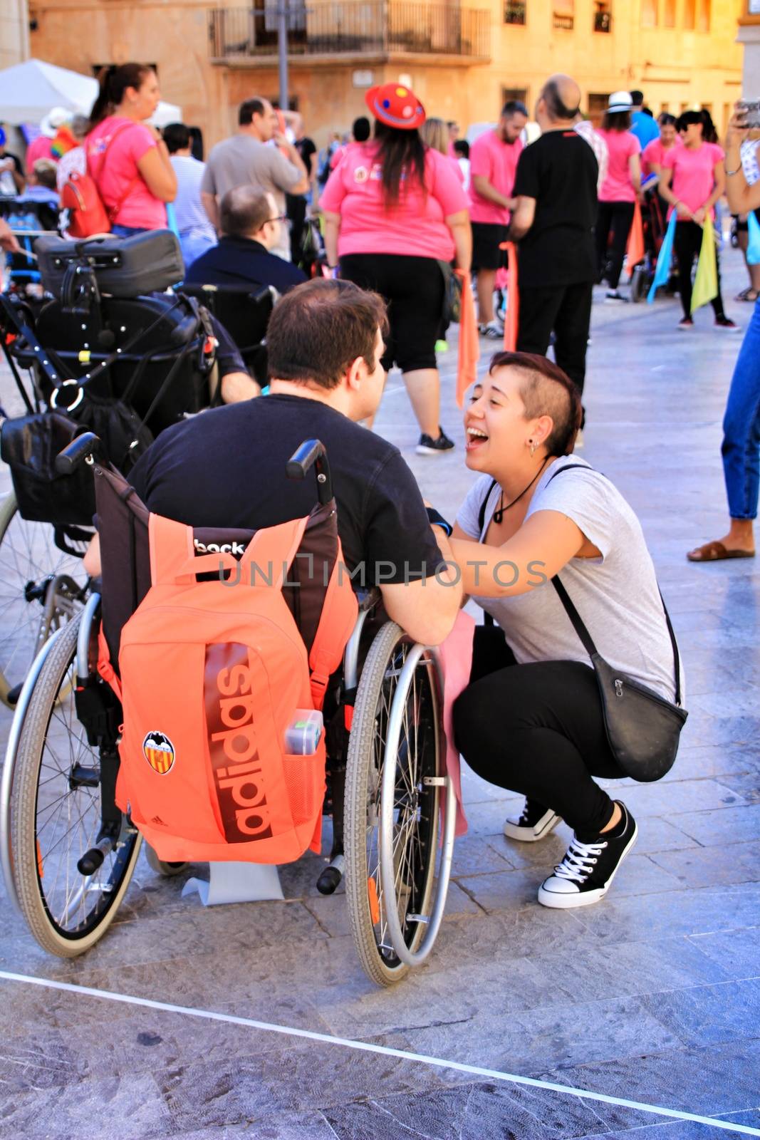 Elche, Alicante, Spain- October 3, 2018: People participating and having fun with activities in Elche city celebrating the world day of cerebral palsy