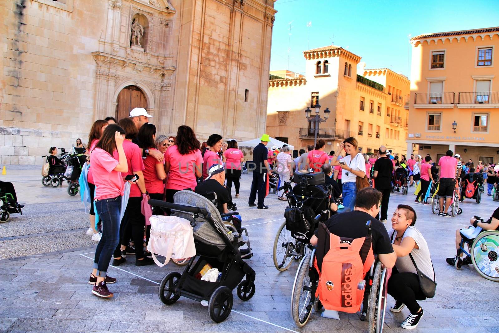 Elche, Alicante, Spain- October 3, 2018: People participating and having fun with activities in Elche city celebrating the world day of cerebral palsy