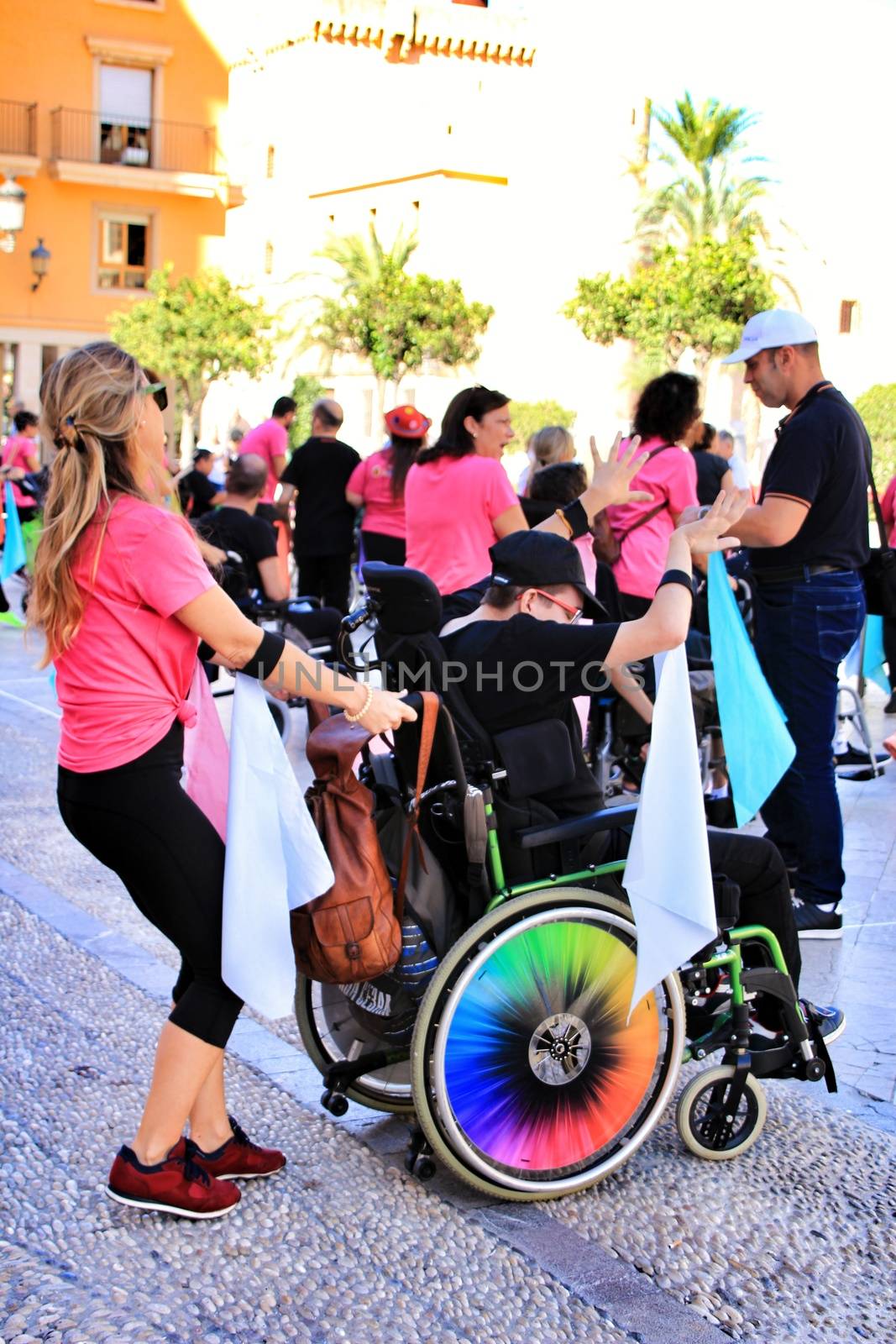 Elche, Alicante, Spain- October 3, 2018: People participating and having fun with activities in Elche city celebrating the world day of cerebral palsy