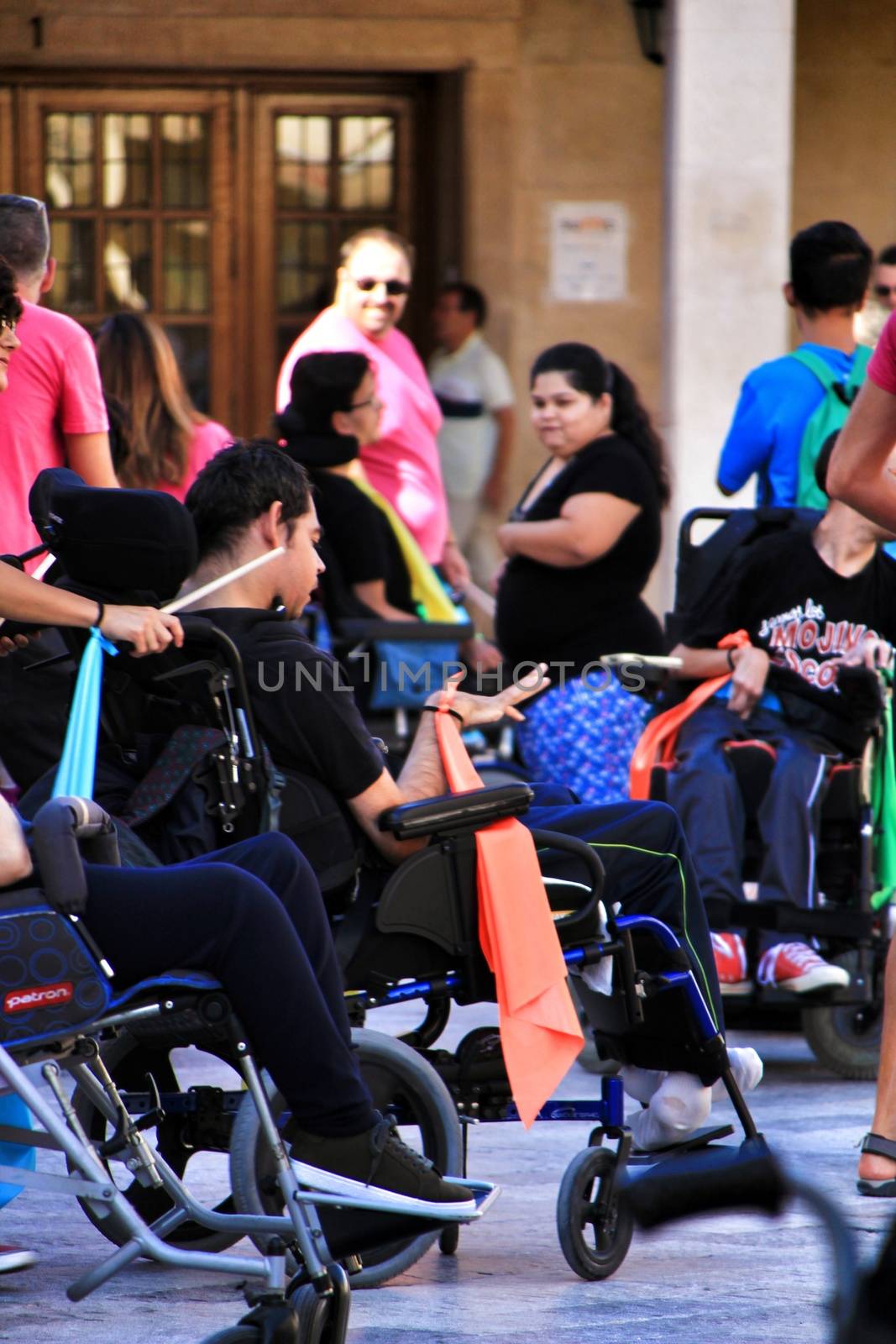 Elche, Alicante, Spain- October 3, 2018: People participating and having fun with activities in Elche city celebrating the world day of cerebral palsy