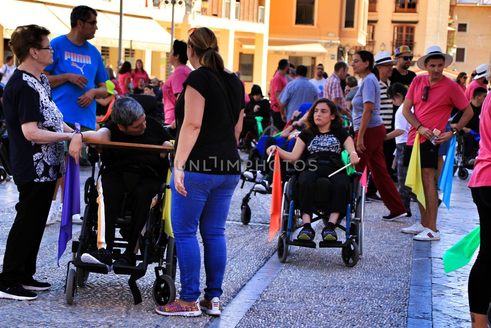 Elche, Alicante, Spain- October 3, 2018: People participating and having fun with activities in Elche city celebrating the world day of cerebral palsy
