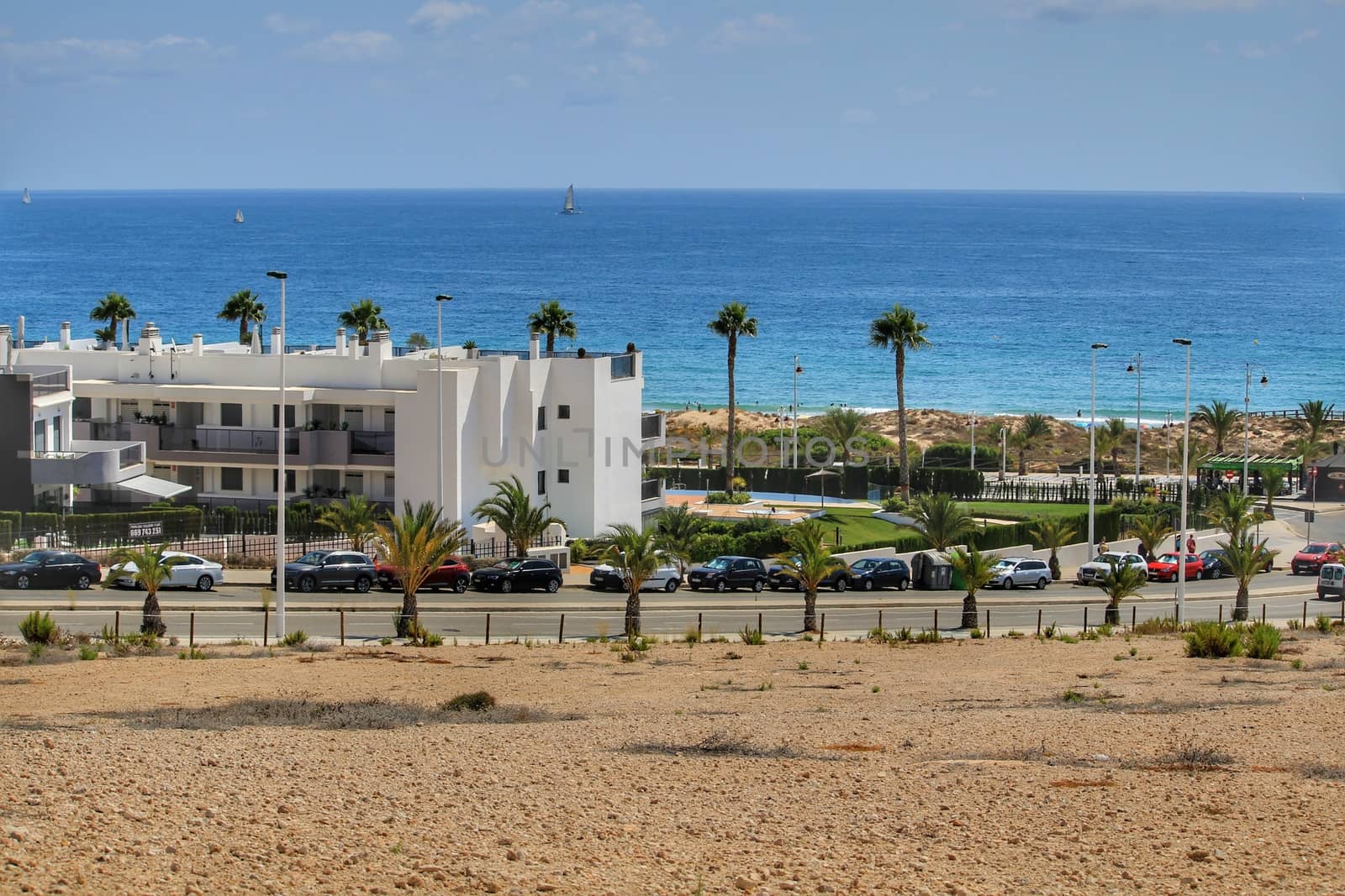 Alicante, Spain- July 28, 2020:Arenales del Sol Urbanization in the coast of Alicante in summer