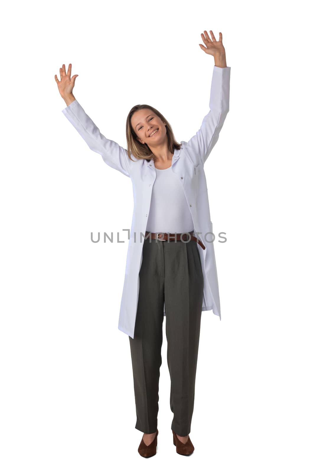 Young female medical doctor with stethoscope with raised arms isolated on white background full length studio portrait