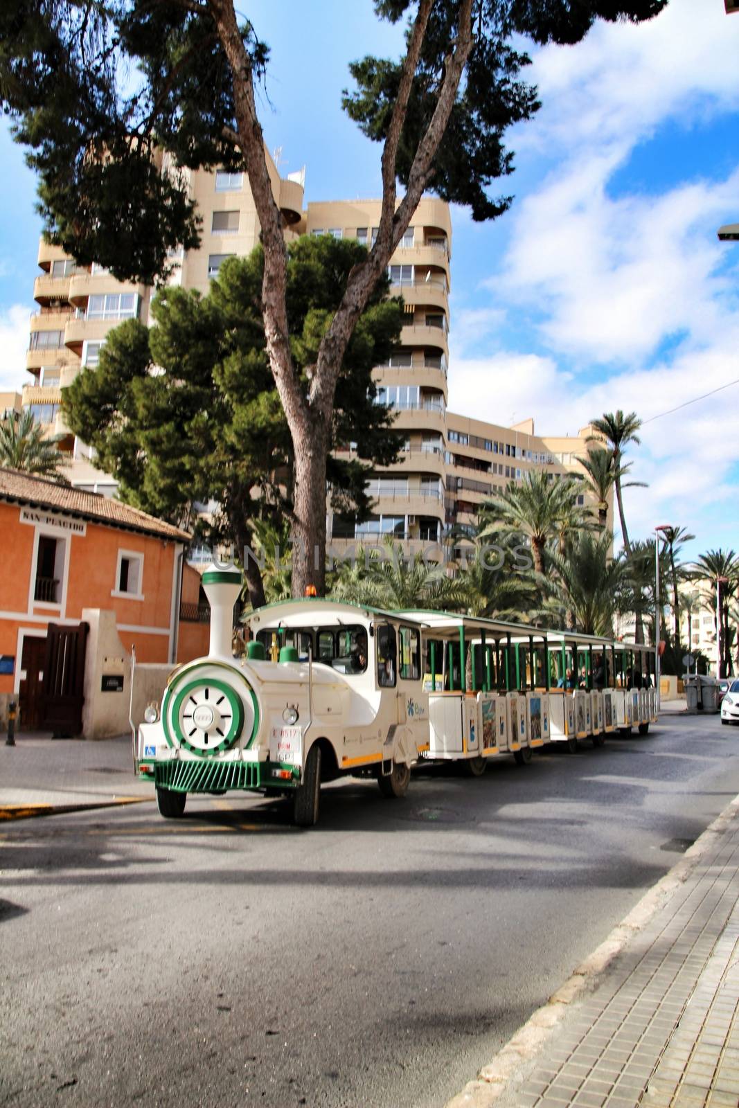 Elche, Alicante, Spain- February 14, 2019: Guided tour on Tourist train through the streets and palm groves in winter under blue sky