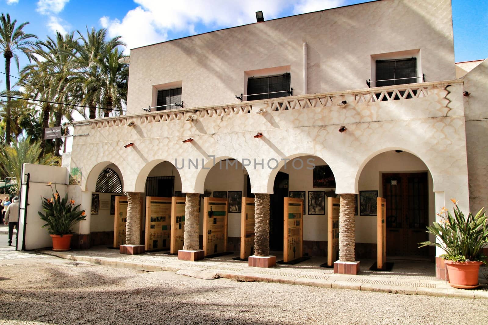 Elche, Alicante, Spain- February 14, 2019: Old house with hermitage in the Huerto del Cura Garden in winter