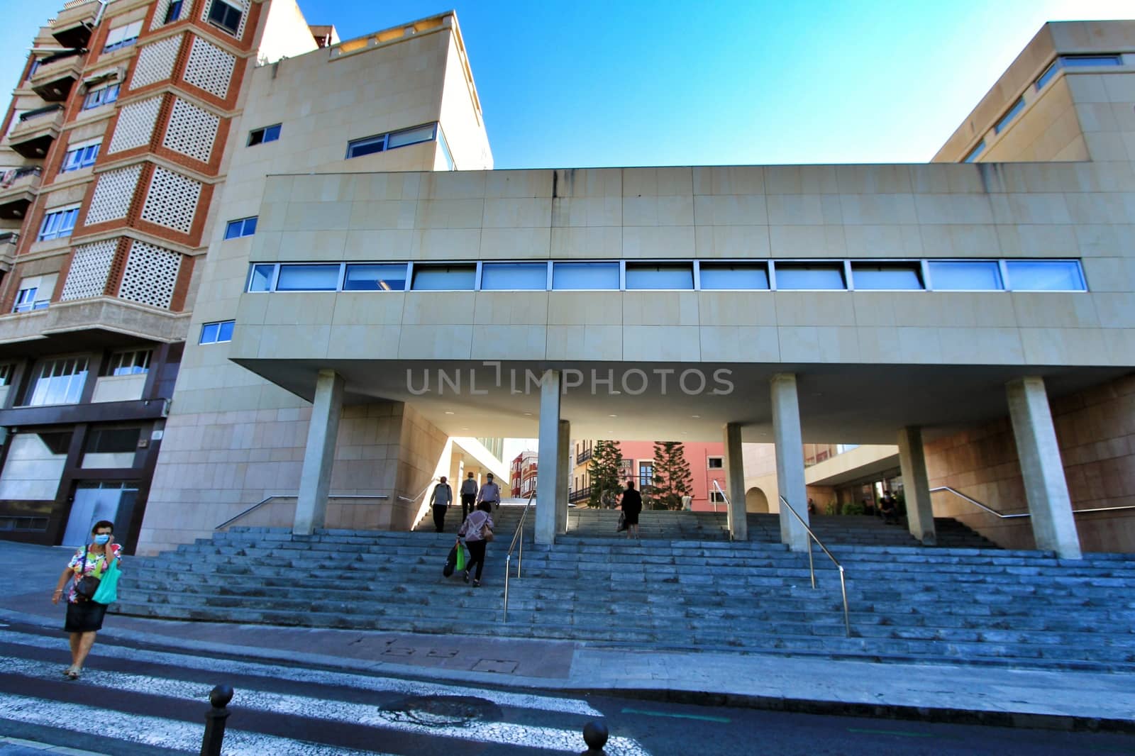 Elche, Alicante, Spain- October 7, 2020: Facade of the Municipal Offices building of the city council of Elche in Autumn