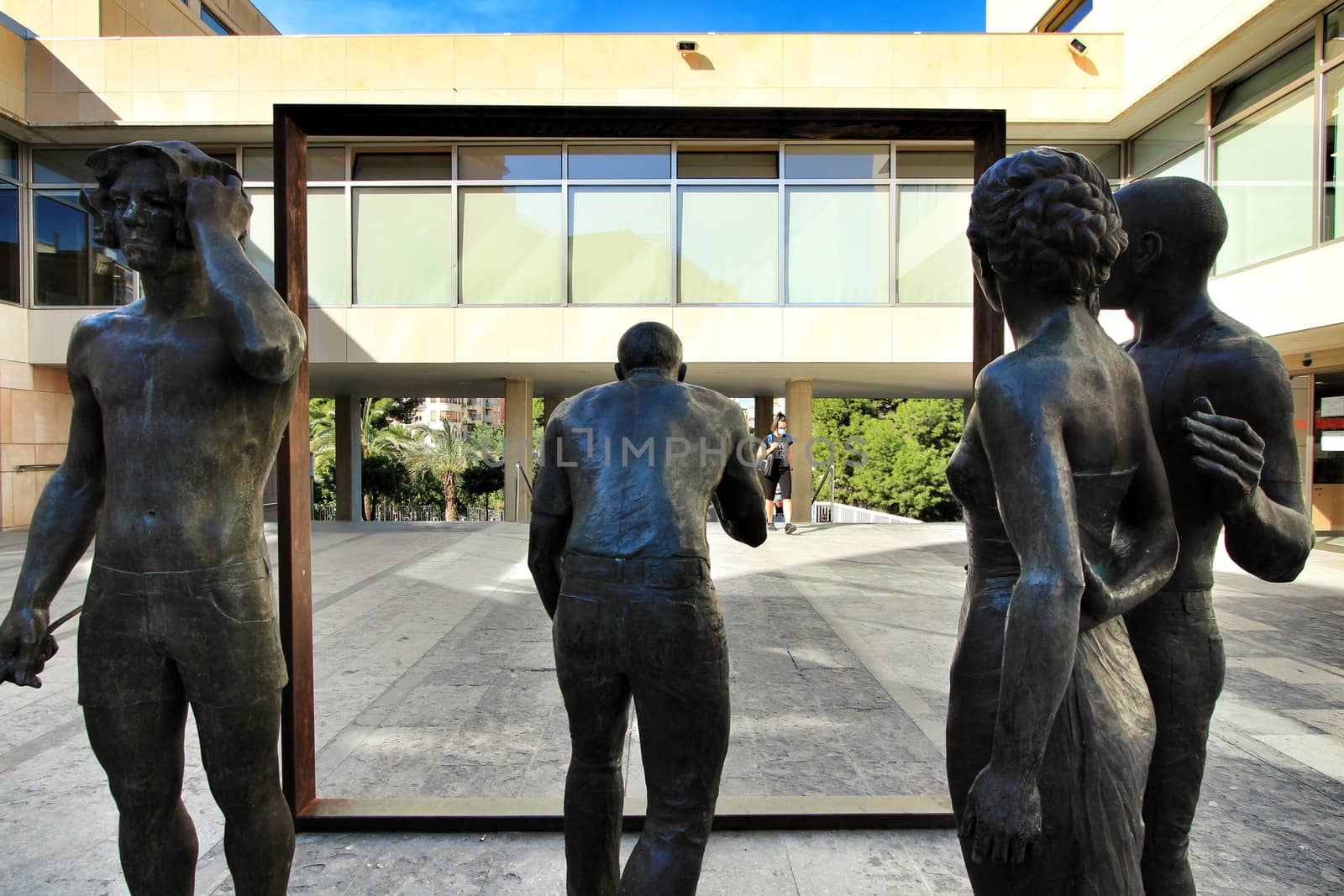 Elche, Alicante, Spain- October 7, 2020: Sculpture by Joan Ramon Garcia Castejon called 'La Critica' in front of the town hall of Elche
