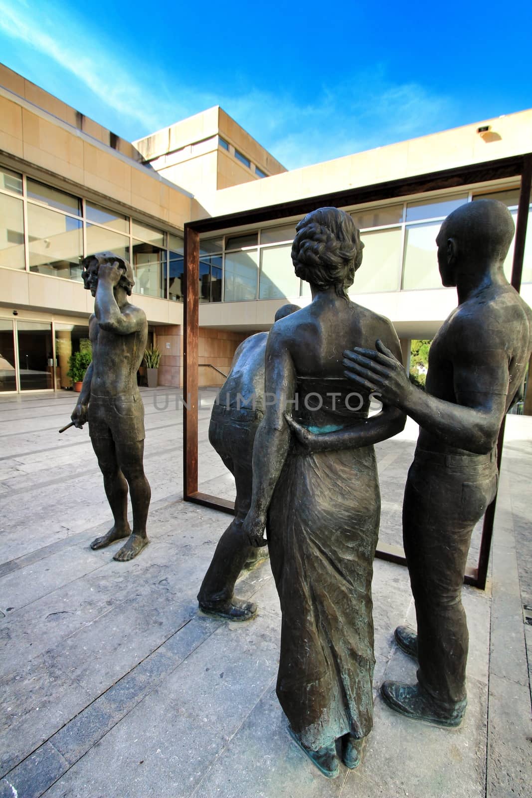 Elche, Alicante, Spain- October 7, 2020: Sculpture by Joan Ramon Garcia Castejon called 'La Critica' in front of the town hall of Elche
