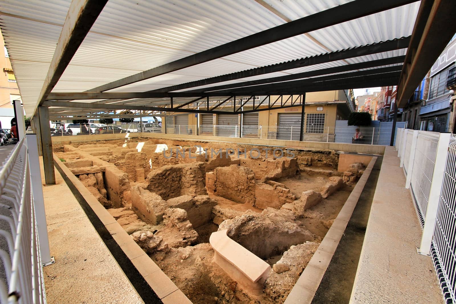 Elche, Alicante, Spain- October 7, 2020: Archeological remains found in the Fruita Square next to the old Municipal Market of Elche.