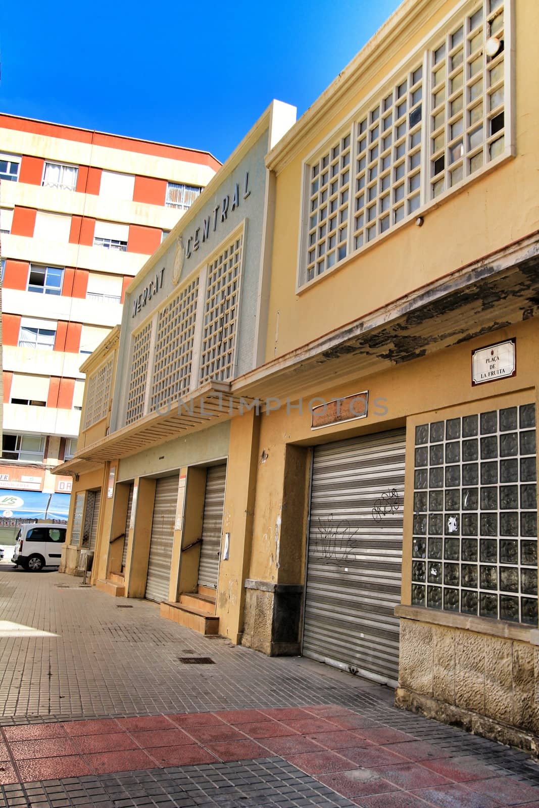 Antique central market facade in the center of town of Elche, Alicante, Spain