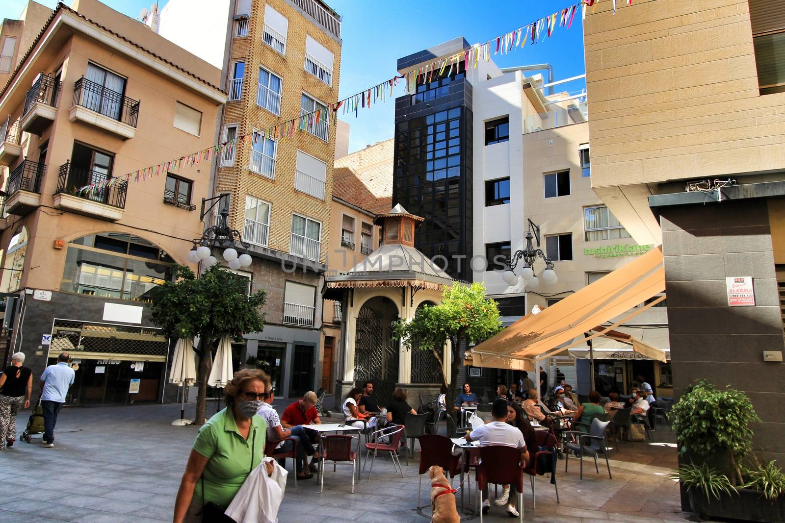 Elche, Alicante, Spain- October 7, 2020: Square in the city center of Elche called Salvador. Alicante province, Spain.