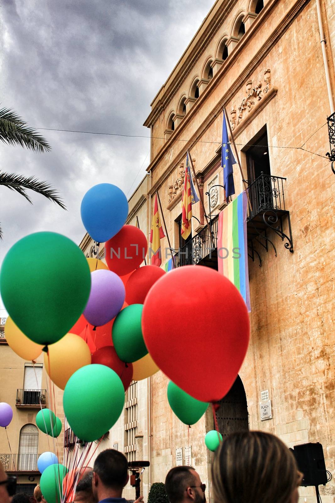 Colorful balloons decorating the town hall for the Gay Pride Day in Elche by soniabonet