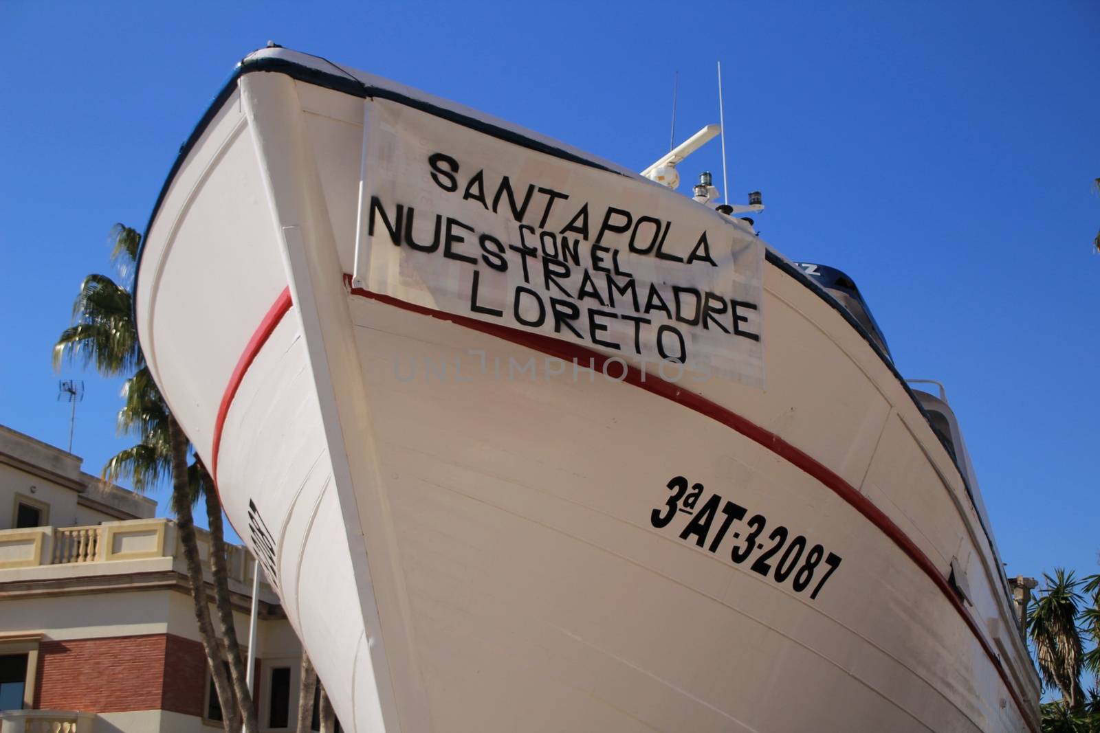 Santa Pola, Alicante, Spain- December 6, 2018: Banner supporting rescued immigrants by local fishermen in Santa Pola, Spain.