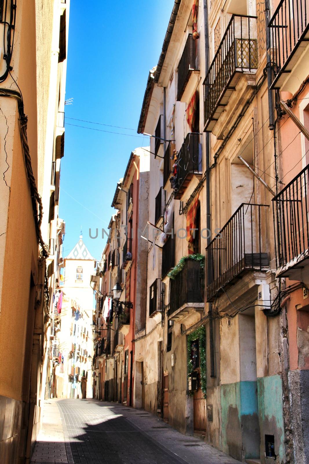 Jijona, Alicante, Spain- December 9, 2018: Narrow streets in Jijona village in Alicante province, Spain.