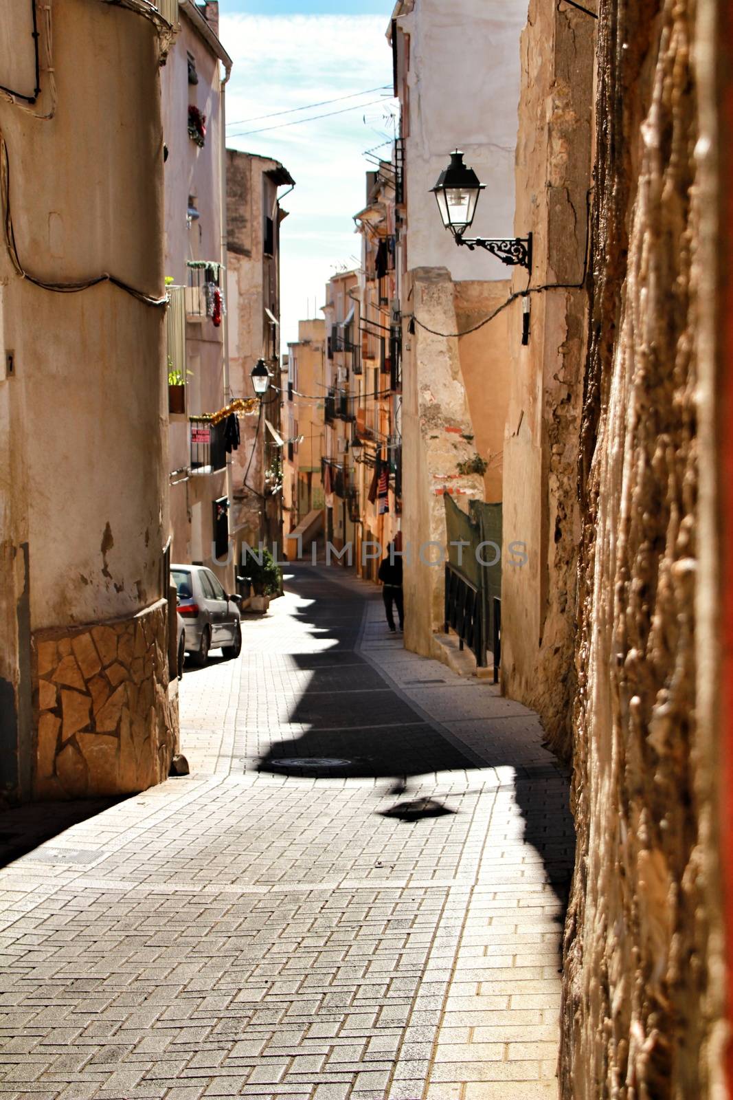 Jijona, Alicante, Spain- December 9, 2018: Narrow streets in Jijona village in Alicante province, Spain.