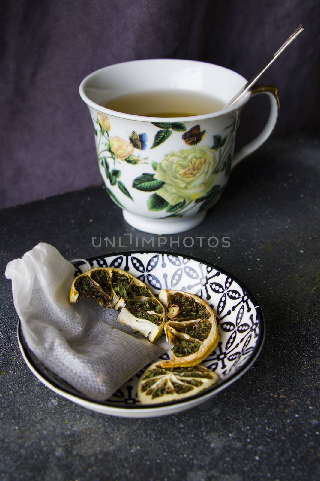 Set of tea, vintage silverware spoons, various of tea and cup of tea