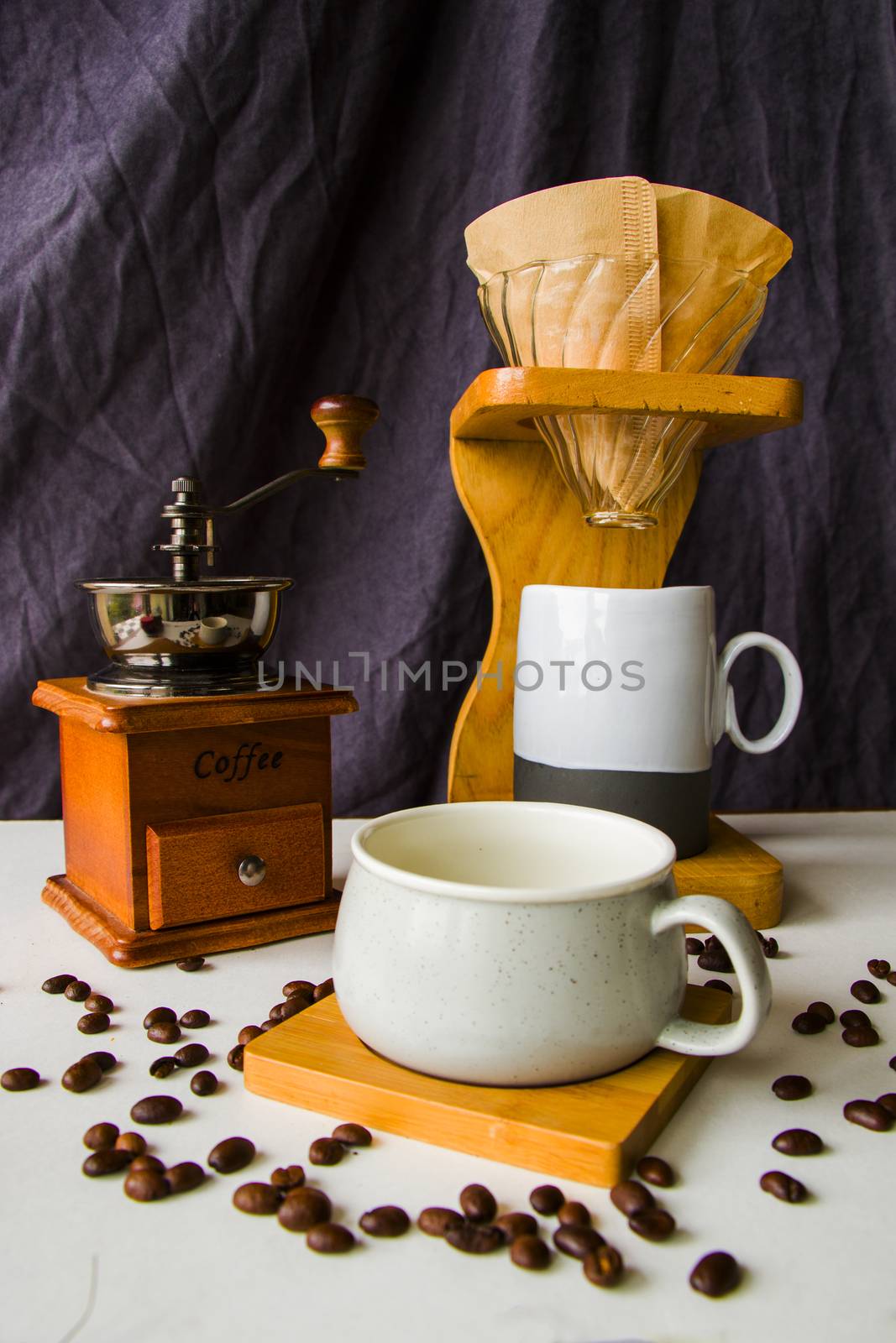 Pour over coffee maker, coffee cup and mug, studio shoot