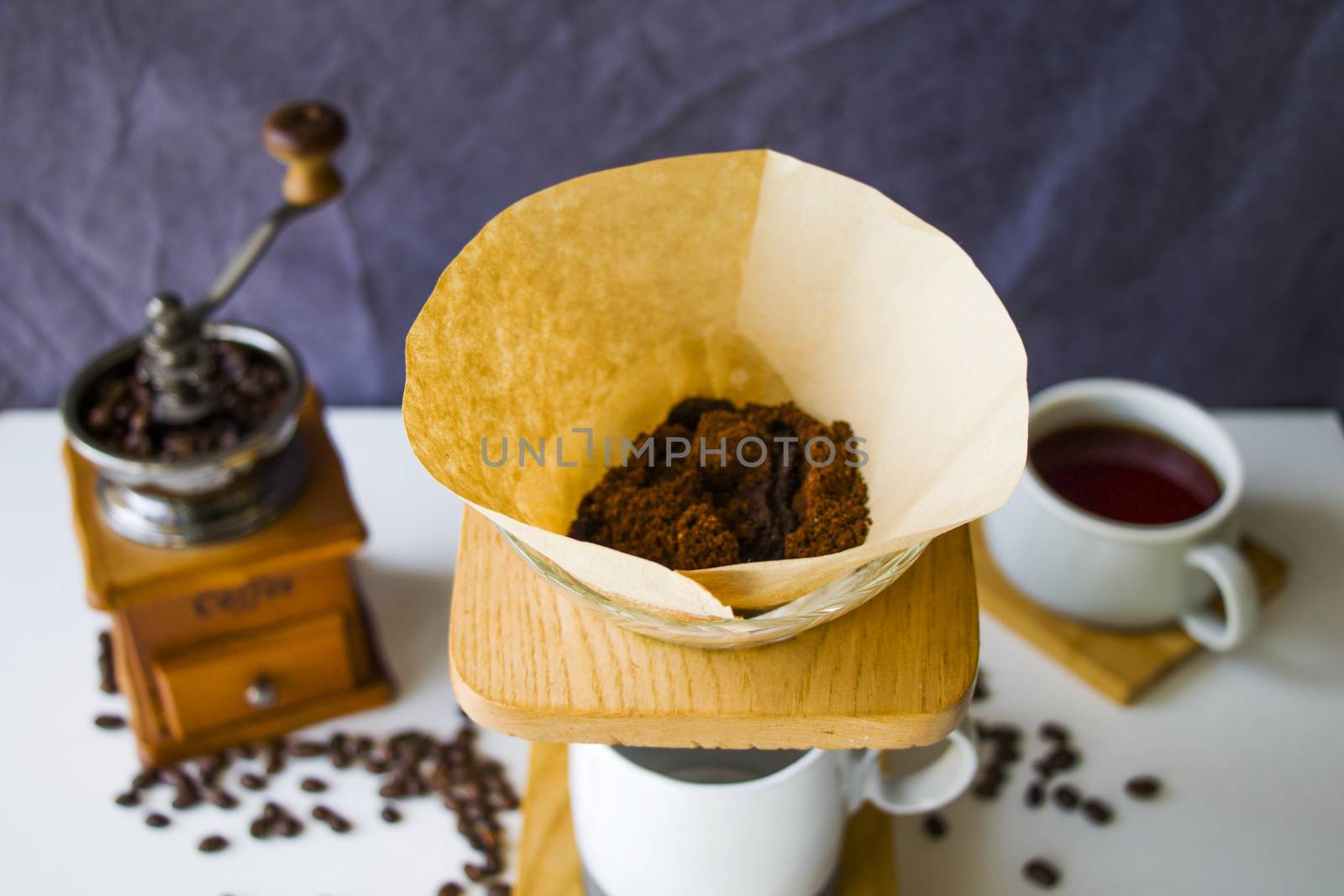 Coffee grinder, maker, cup and beans, morning coffee, energy drink
