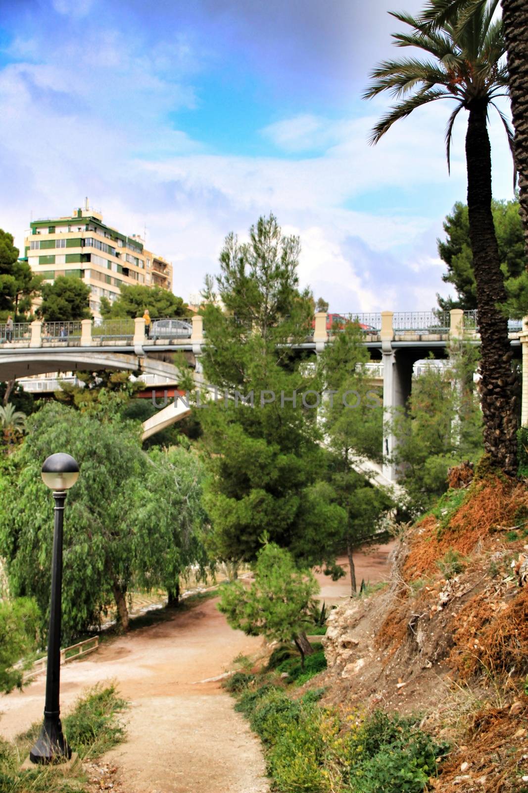 Elche, Alicante, Spain- November 16, 2018 - Landscape of the hillside of the Vinalopo River in Elche with its bridges and green vegetation after a rainy day of Autumn