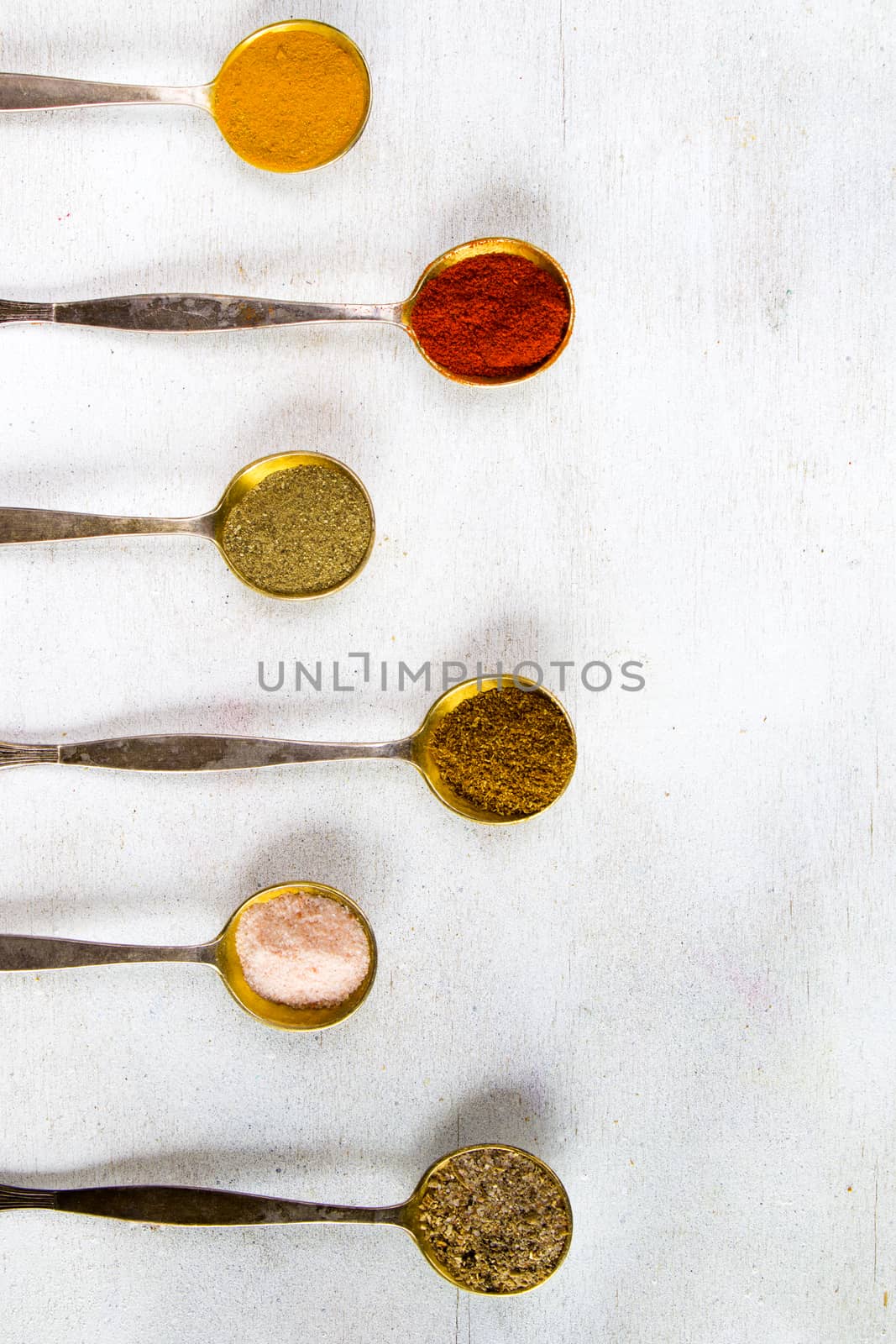 variation of spices on the vintage silver spoons, all spices on the table by Taidundua