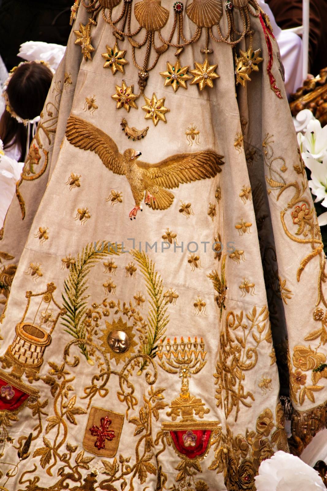 Elche, Alicante, Spain- December 29, 2019: Beautiful coat of the Virgin of the Assumption embroidered in gold
