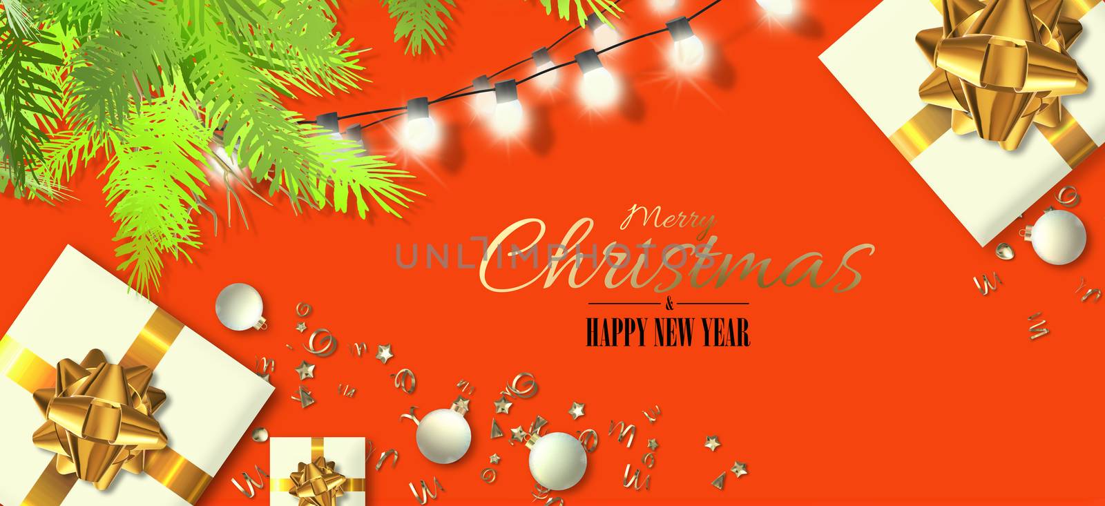 Christmas luxury New Year background. Xmas gold gift box, ball, Xmas fir, golden shiny confetti, lights on bright orange. Golden text Merry Christmas Happy New Year. Horizontal banner. 3D illustration