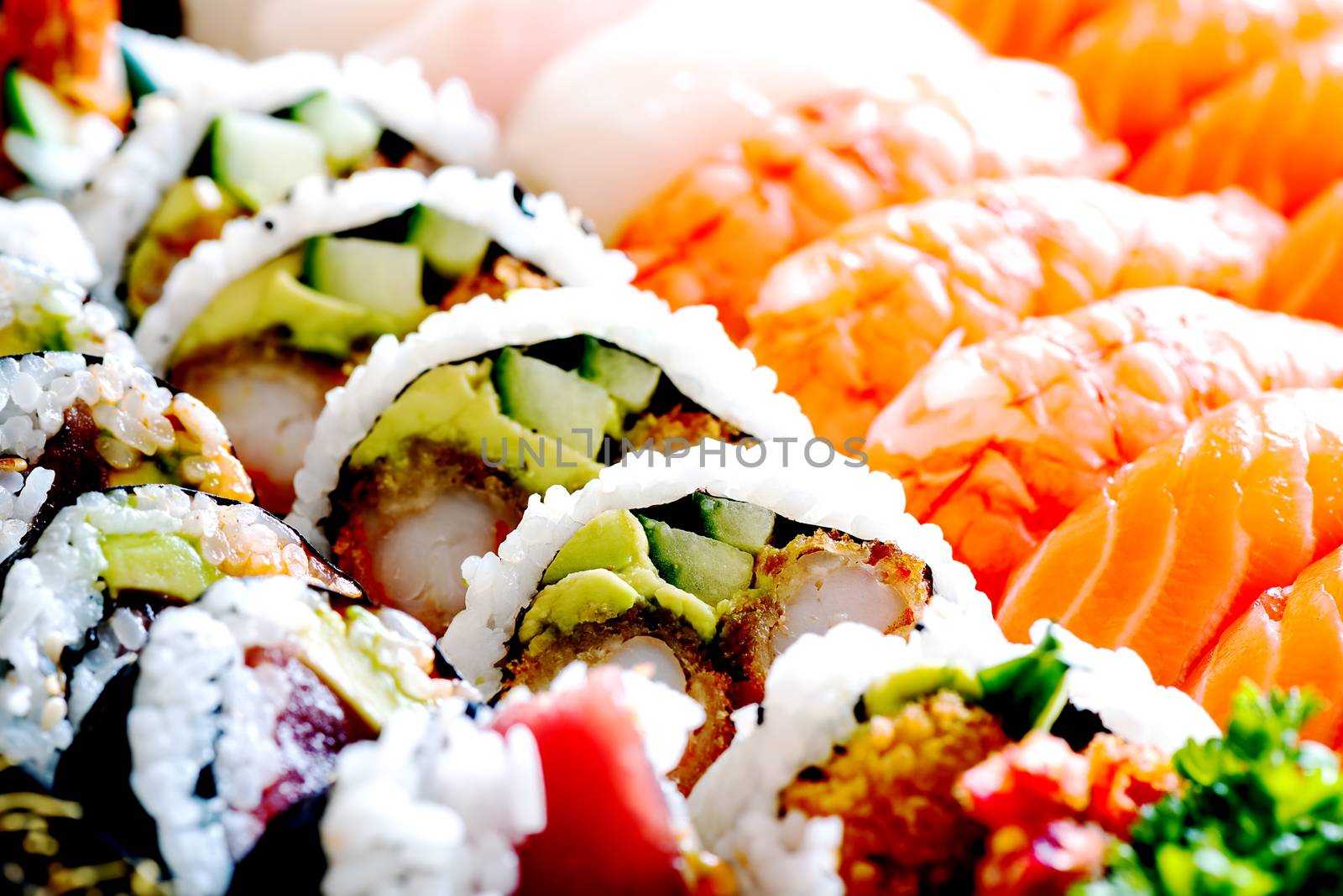 View on assorted sushi and nigiri set, traditional japan cuisine