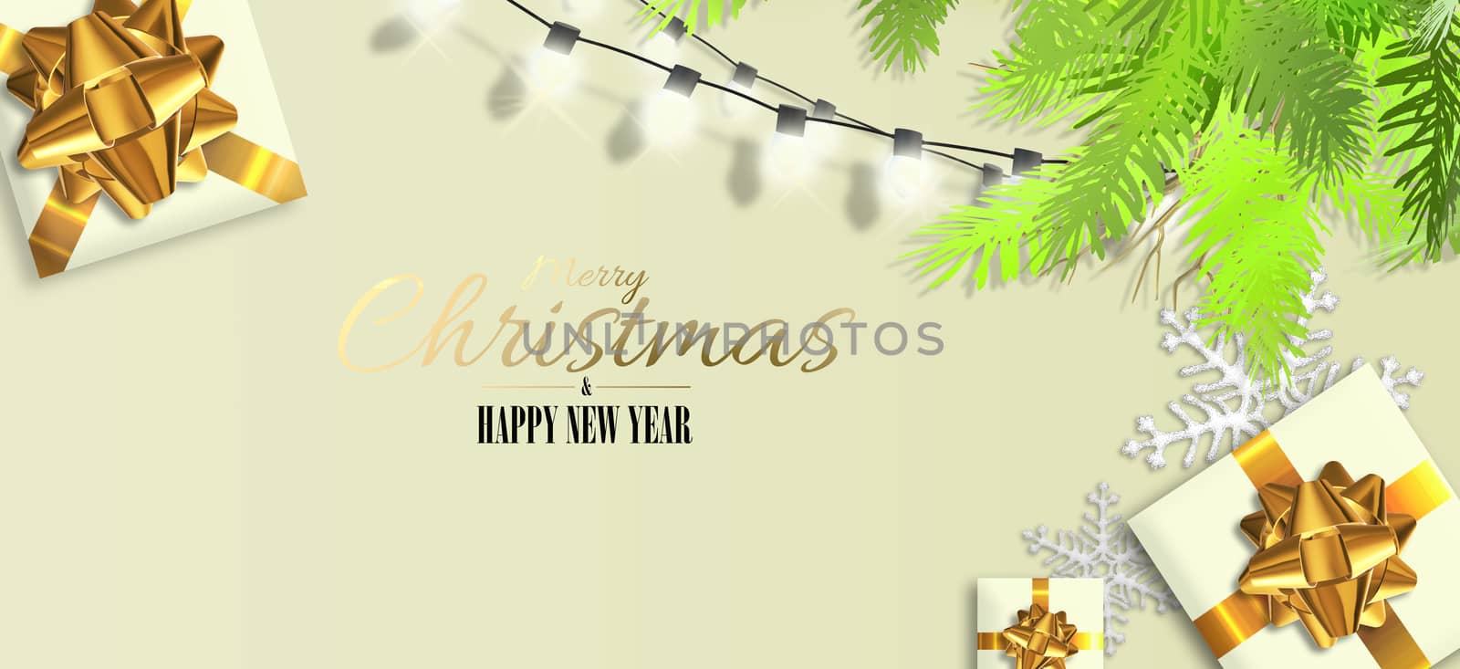 Chrisymas New Year banner in realistic 3D illustration. Xmas gift box, golden bow, lights, Xmas fir, gold shiny text Merry Christmas Happy New Year on pastel light background. Horizontal card, header