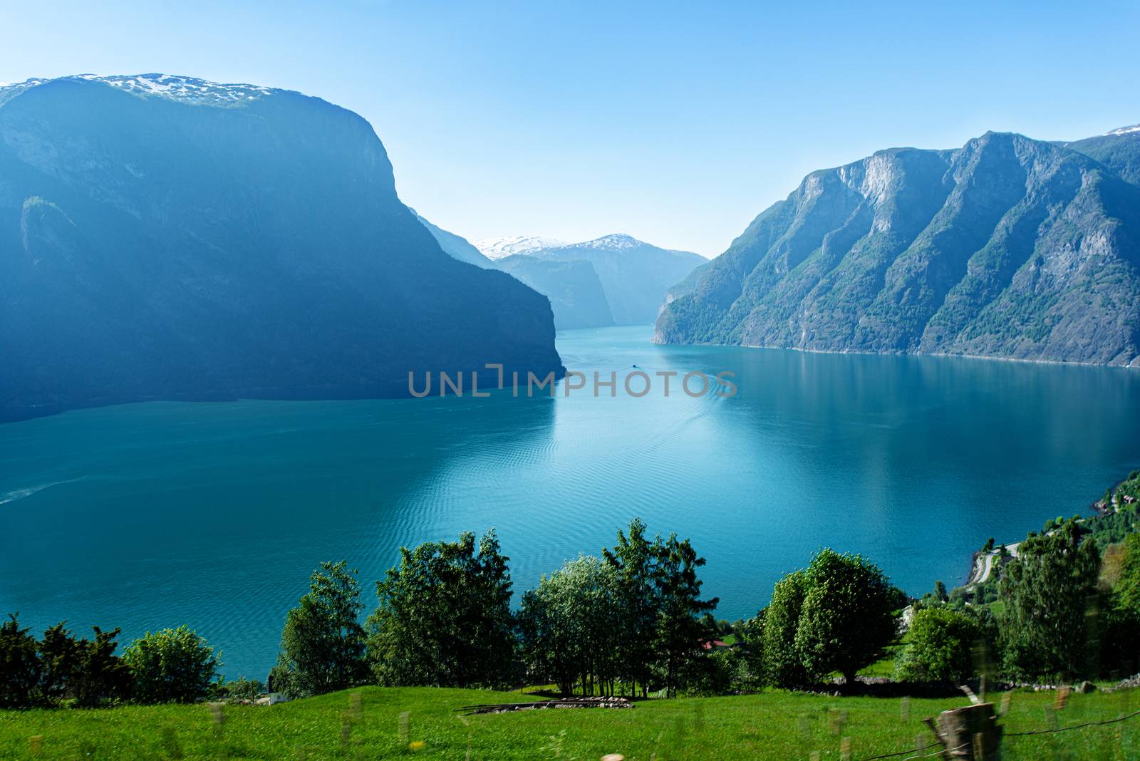 Norway Sognefjord at summer. Sunny day, landscape with mountain, fjord, forest