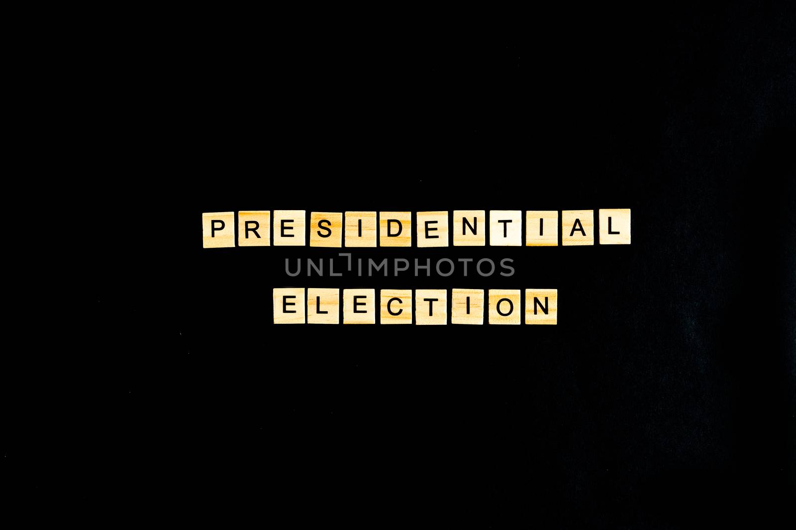 lettering presidential election, election Day, US election concept, debate, voting, politics, candidates, lettering in black letters on a black background, flatlay, top view.