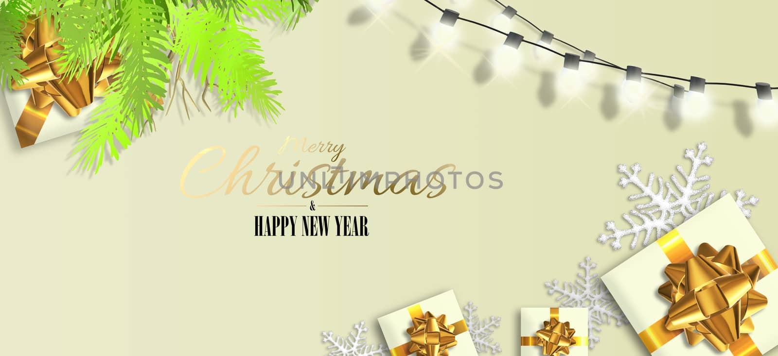 Christmas New Year holiday design. Xmas gold gift boxes, Xmas fir, glitter snowflakes, gold text Merry Christmas Happy New Year on pastel yellow background. Horizontal realistic 3D illustration