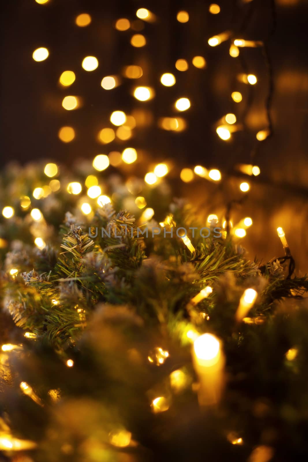 Christmas and New year decoration, defocused garland lights, bokeh effect.