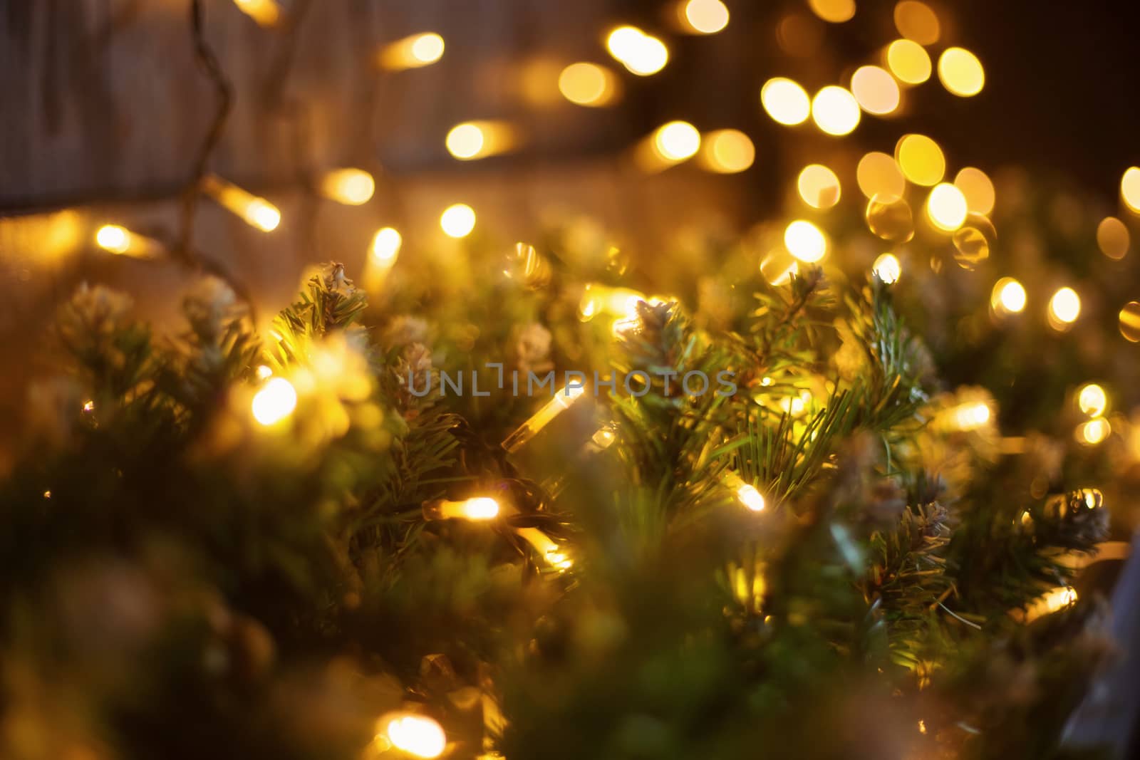 Christmas and New year decoration, defocused garland lights, bokeh effect.