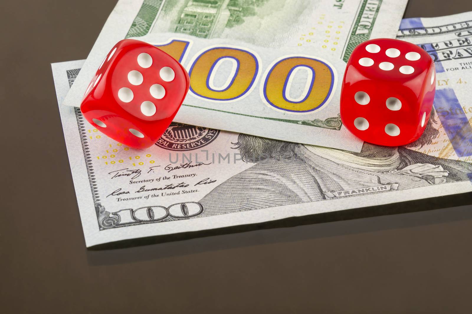 Two red dice poker on banknotes by Grommik