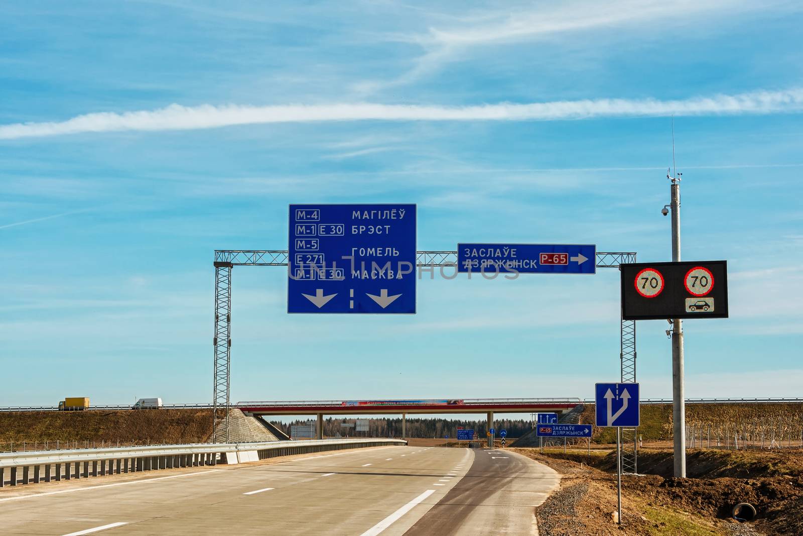 Belarus, Minsk - 24.03.2017: road junction with road signs on the motorway