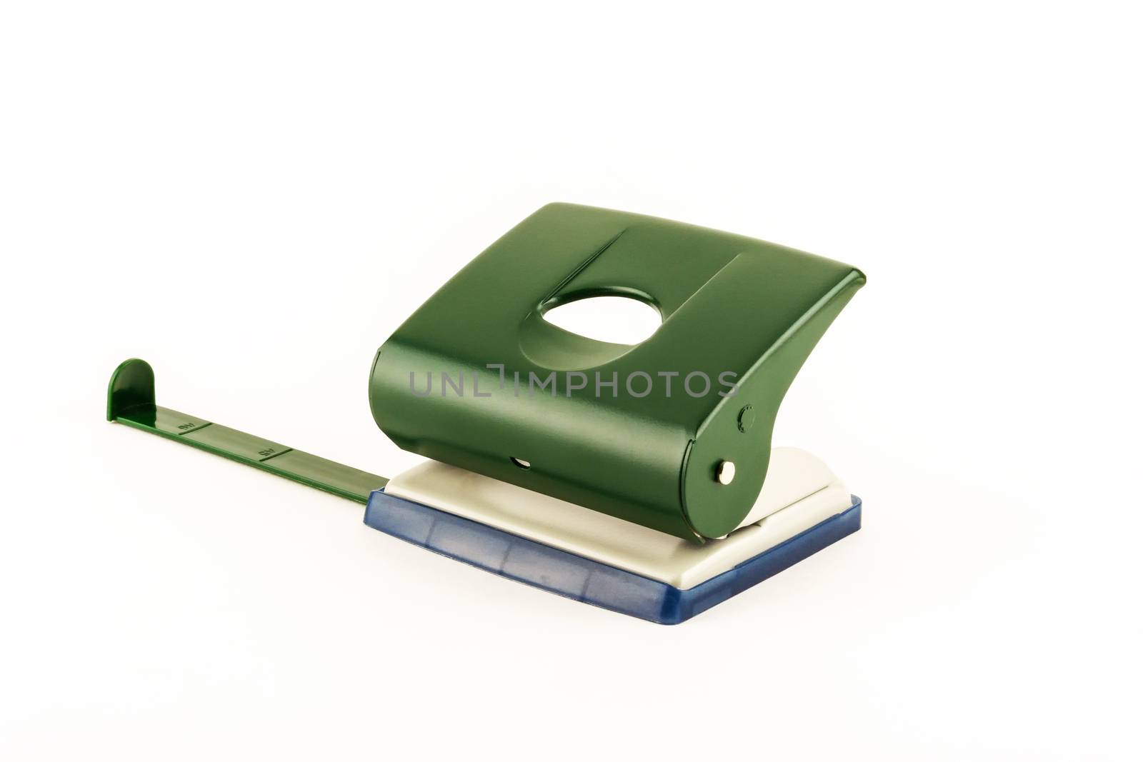 On a white background a hole punch for punching holes in a paper