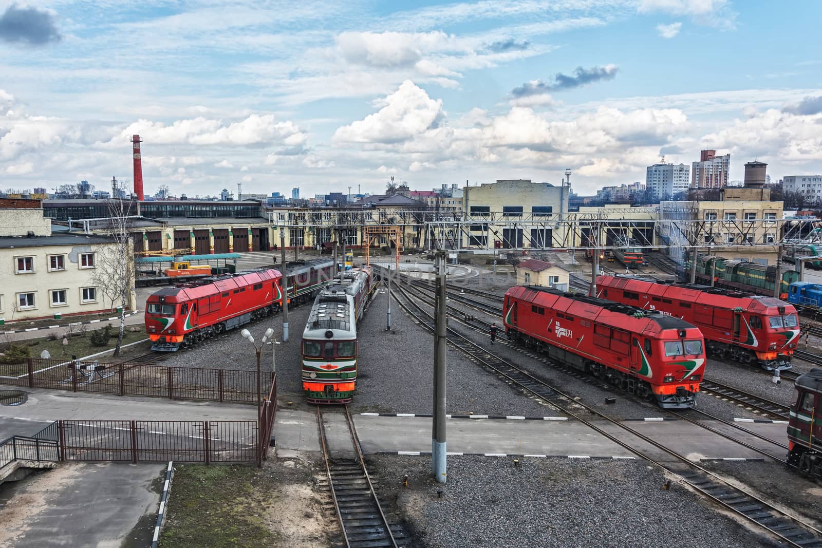 Diesel locomotives in the locomotive depot of the railway by Grommik