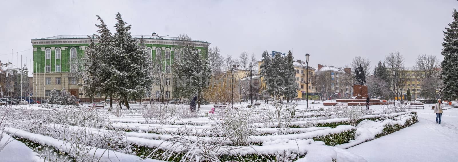 Ternopil, Ukraine 01.05.2020.  Volya Maidan and Danylo Halytskyi Monument in Ternopol, Ukraine, on a snowy winter morning