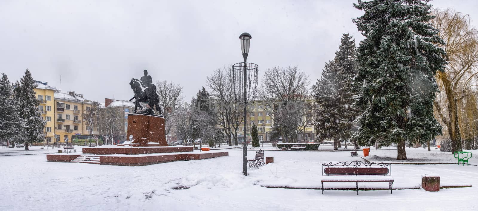 Ternopil, Ukraine 01.05.2020.  Volya Maidan and Danylo Halytskyi Monument in Ternopol, Ukraine, on a snowy winter morning