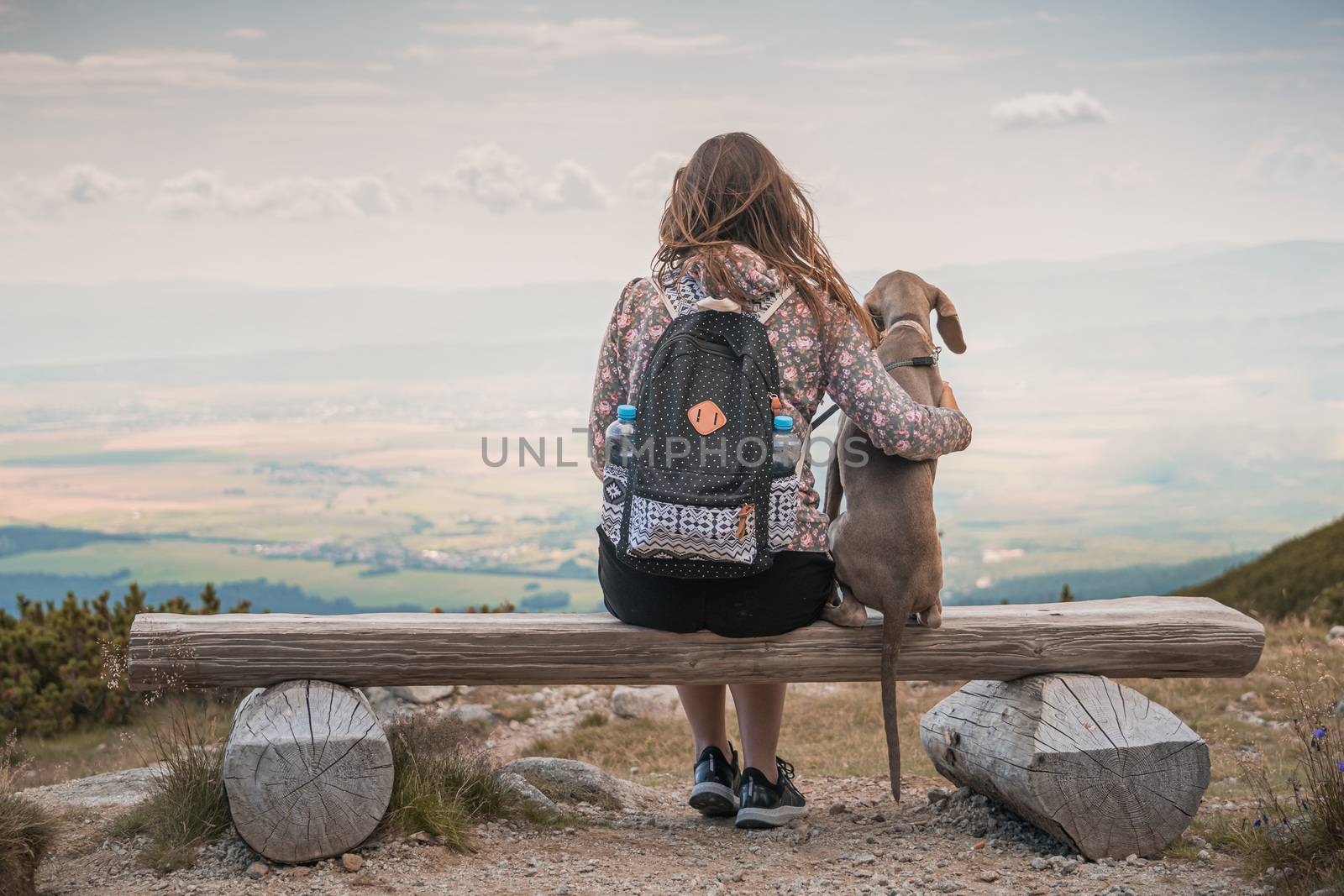 Young attractive woman with her dog enjoying the view from a bench in the mountains. Vacation with pets concept. Dog is sitting next to her. by petrsvoboda91