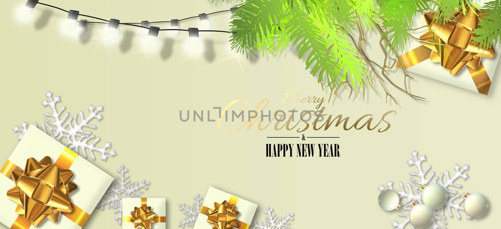 Christmas New Year holiday design. Xmas gold gift boxes, golden bows Xmas fir, snowflakes, gold text Merry Christmas Happy New Year over pastel yellow. Horizontal realistic 3D illustration