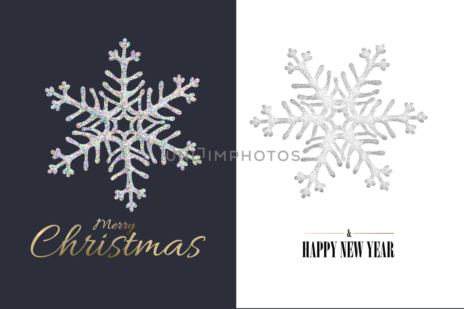 Christmas New Year close up snowflakes on blue white background. Gold text Merry Christmas Happy New Year. Minimalist design in 3D illustration. Copy space, place for text