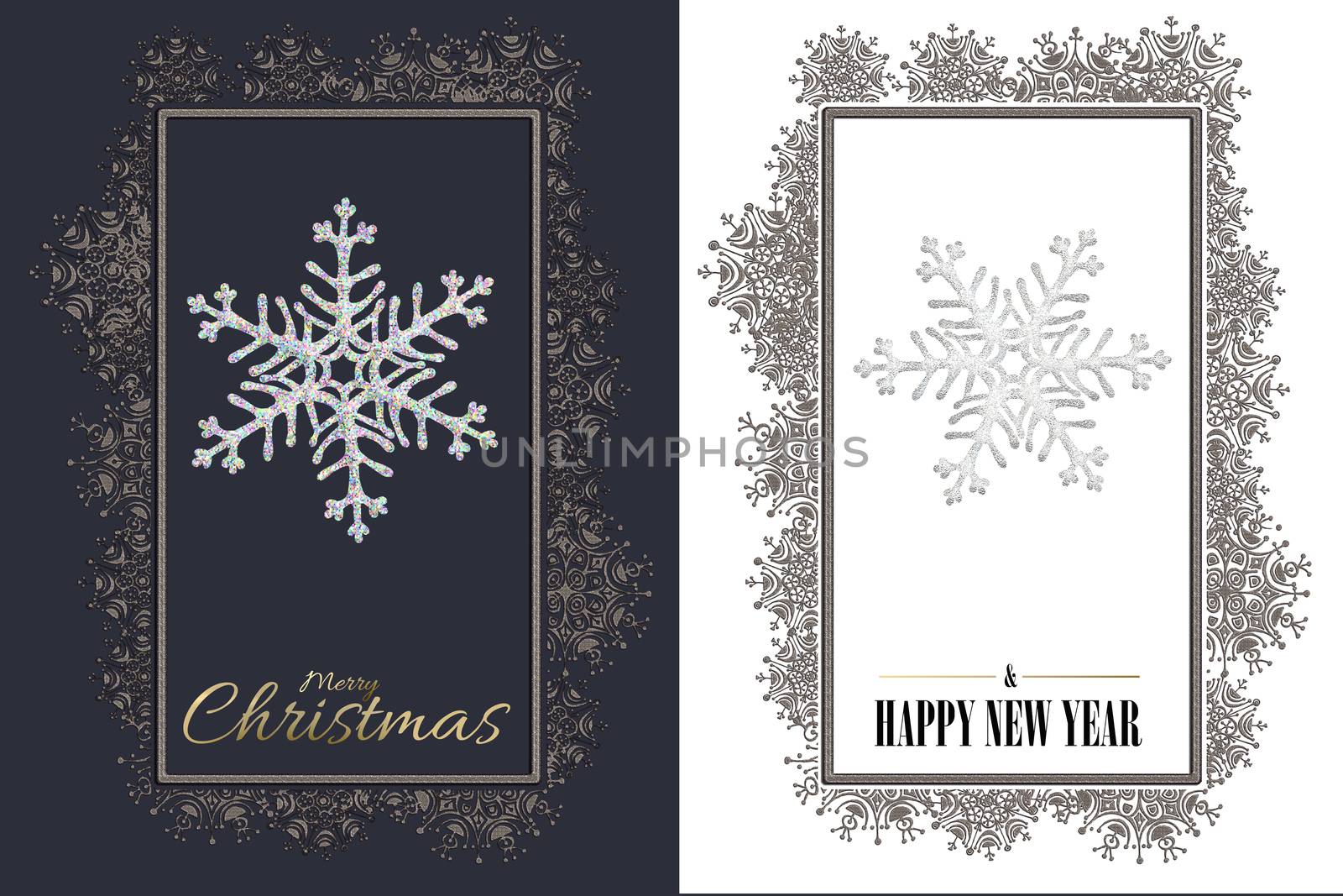 Christmas New Year design with snowflakes. Close up snowflakes in silver border over white blue background.. 3D render. Copy space, invitation card in minimalist design