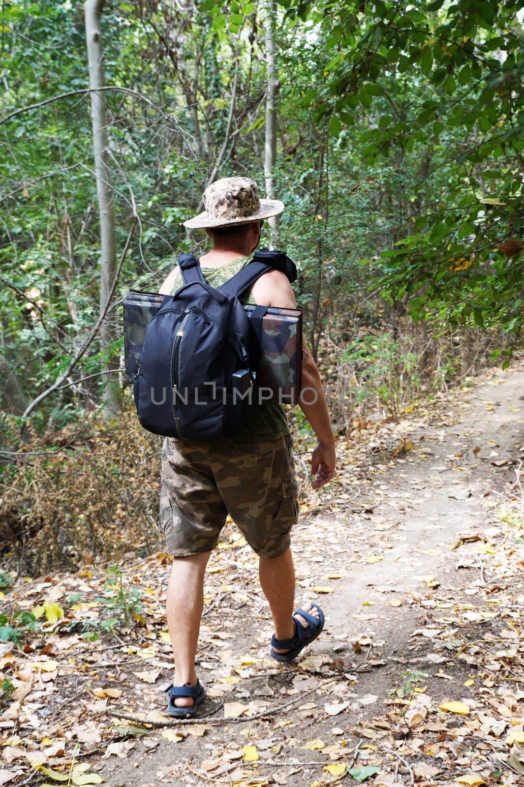 a man with a backpack walks along a path in the forest, back view