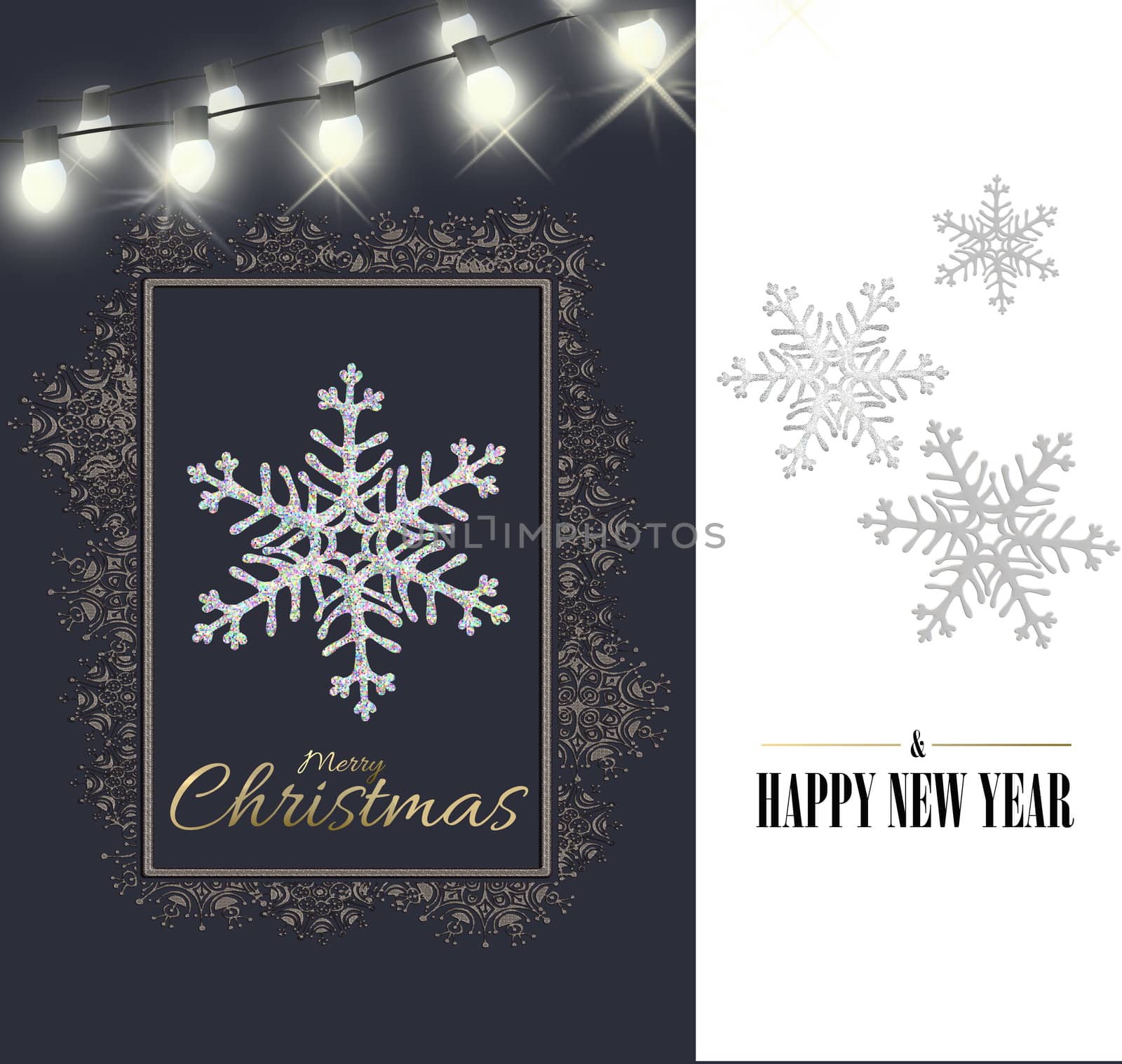 Abstract snowflakes for Christmas minimalist design. Close up snowflakes on white blue background. Gold Text Merry Christmas Happy New Year, 3D render, invitation card