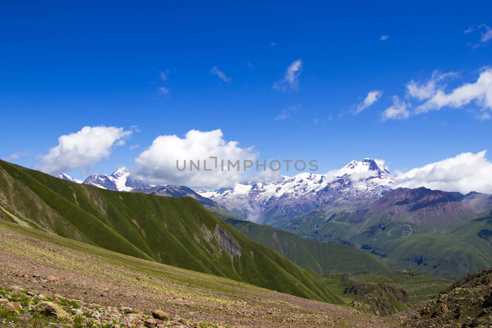 Mountains landscape and view of caucasian mountain range Khazbegi, Georgia