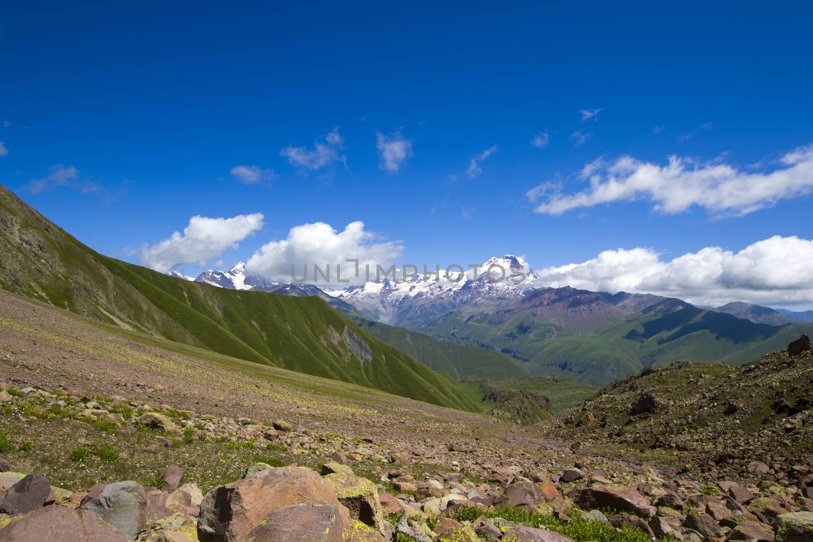 Mountains landscape and view of caucasian mountain range Khazbegi, Georgia