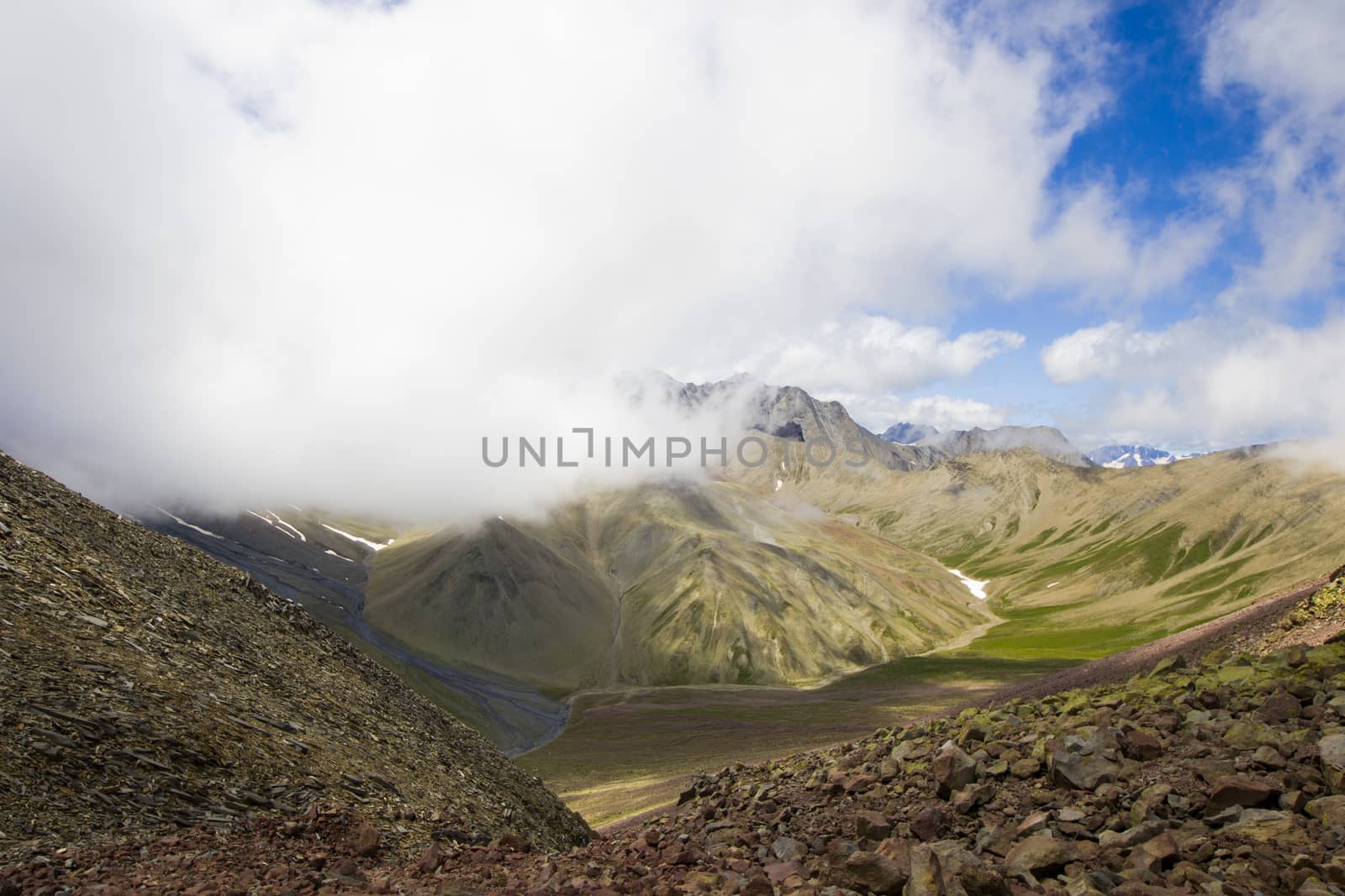 Mountains landscape and view of caucasian mountain range Khazbegi, Georgia